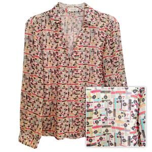 Citta Multicolor Polaroid Camera Print Button Down V Neck Blouse Small
